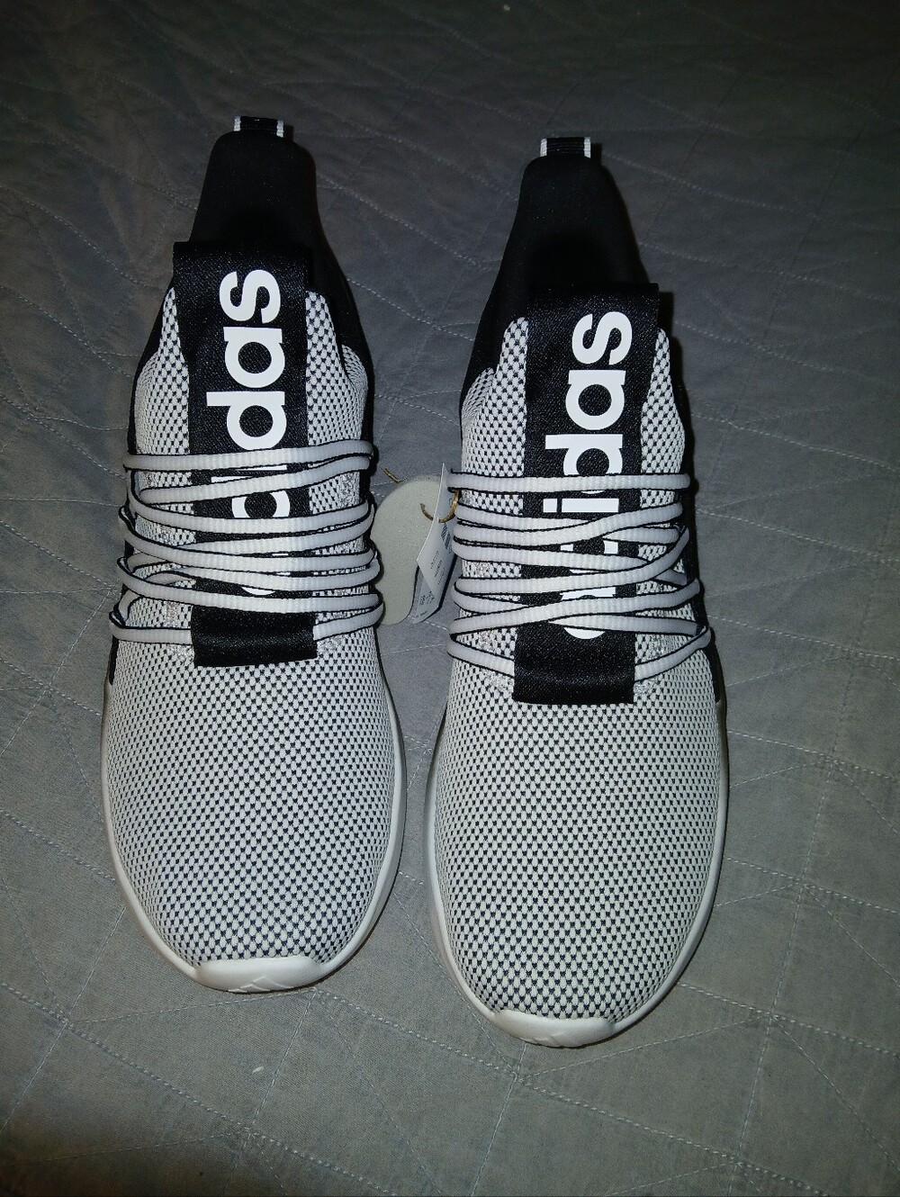 adidas White and Black Knit Slip-On Sneakers with Logo Tongue